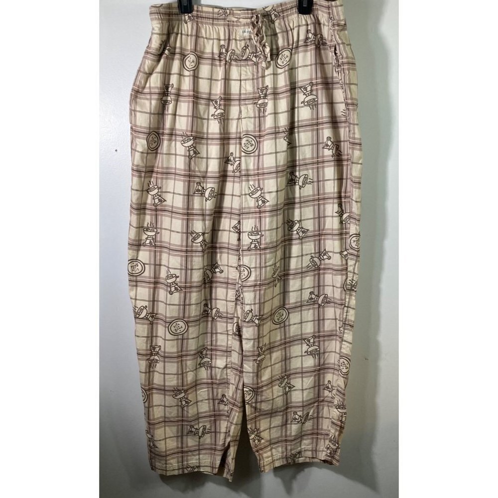 Mens Life Is Good Sleep Pajama Pants Smoking‎ Hot Grill Plaid Brown Tan XL